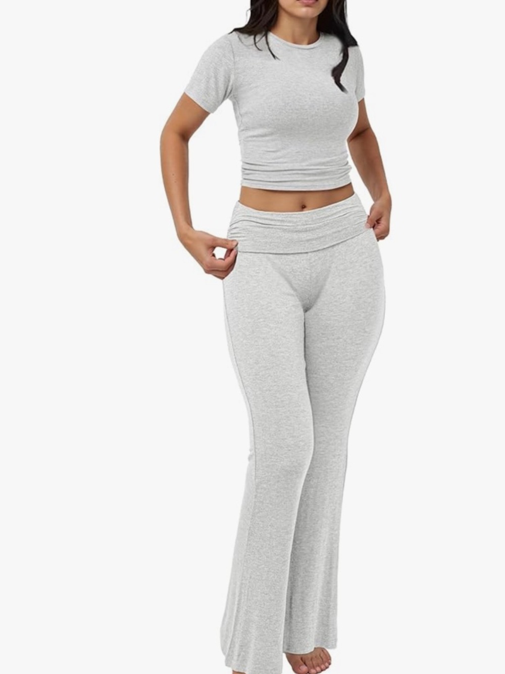 Two piece set Soft High-Waist Gray Lounge wide leg Pants and cropped top